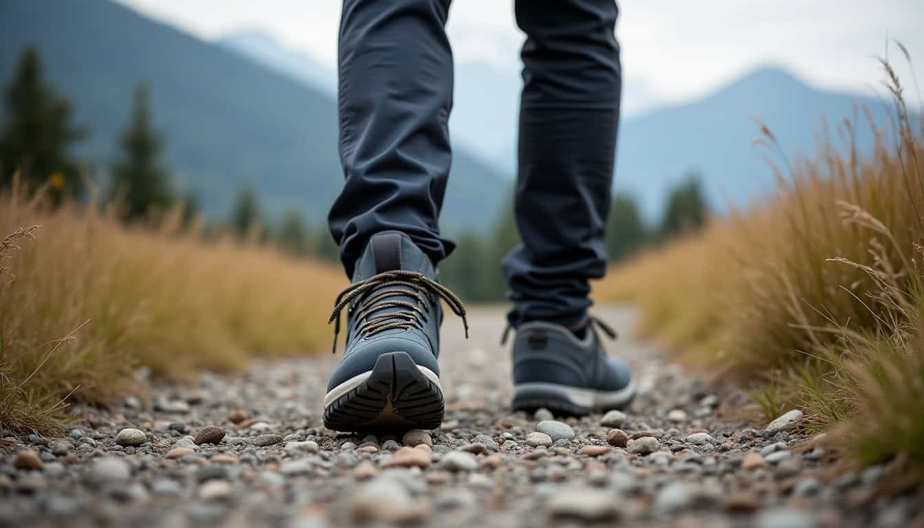 Chaussures de trail posées sur un sentier en montagne