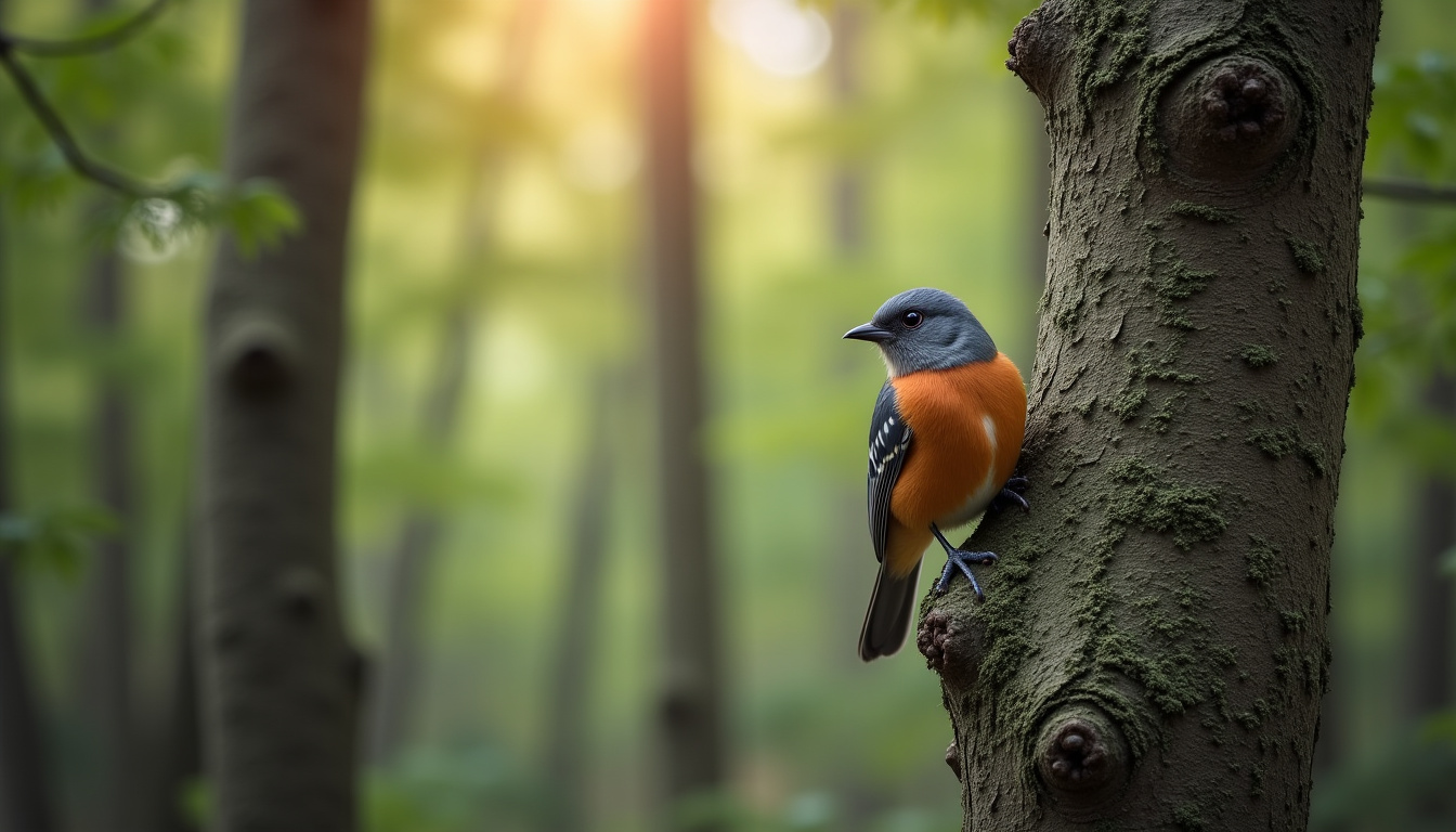 Parcours forestier ombragé avec observation d’un écureuil sur un tronc d’arbre