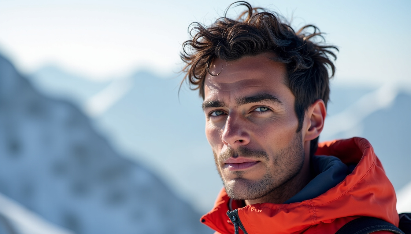 Portrait de Kilian Jornet en 2026, regard déterminé, entouré de montagnes enneigées