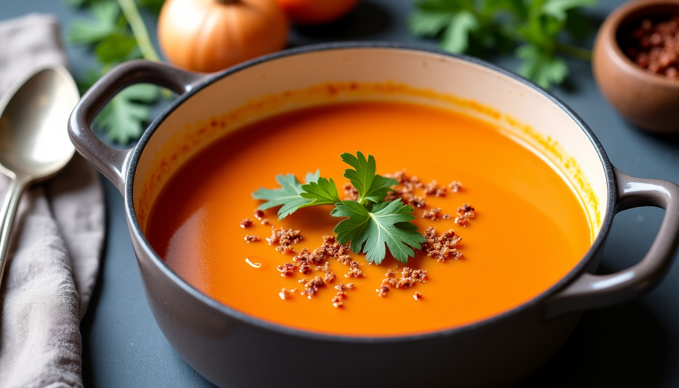 Préparation de la soupe de carottes avec carottes, oignon et épices dans une casserole