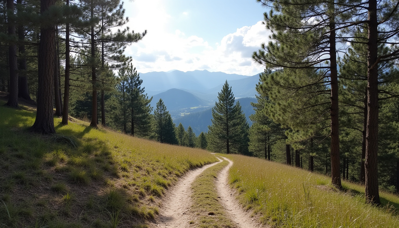 Sentier forestier menant à l’ermitage de Font-Romeu avec vue sur les montagnes environnantes