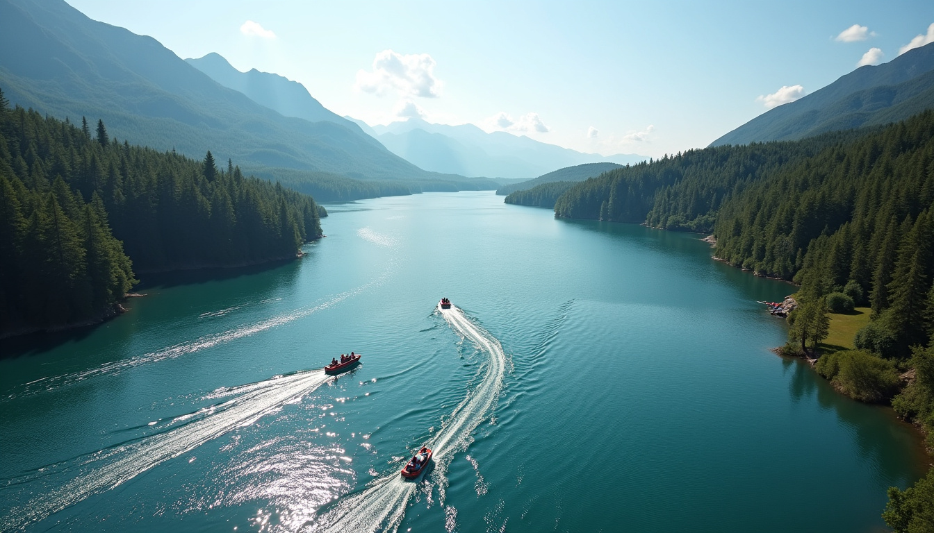 Vue aérienne du parcours avec coureurs le long du lac d