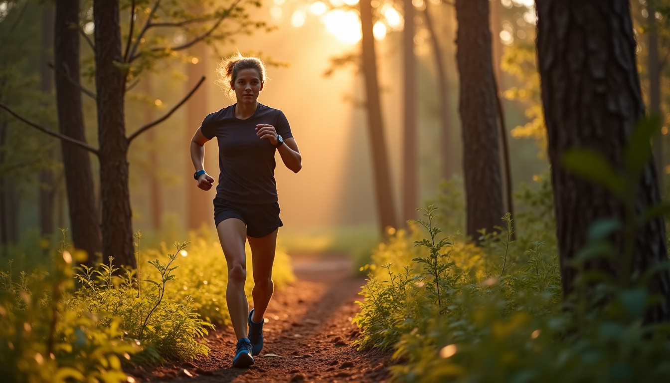 Coureur en randonnée en endurance fondamentale sur un chemin forestier, en tenue légère et avec une montre GPS visible
