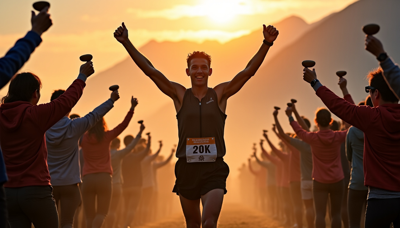 Coureur recevant des Running Stones après avoir terminé une épreuve des UTMB World Series à l’arrivée d’un 100K en montagne