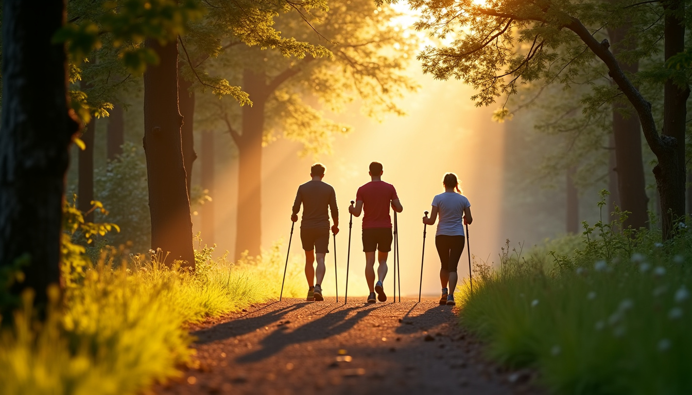 Groupe de personnes pratiquant la marche nordique dans le Bois de Mandavit à Gradignan