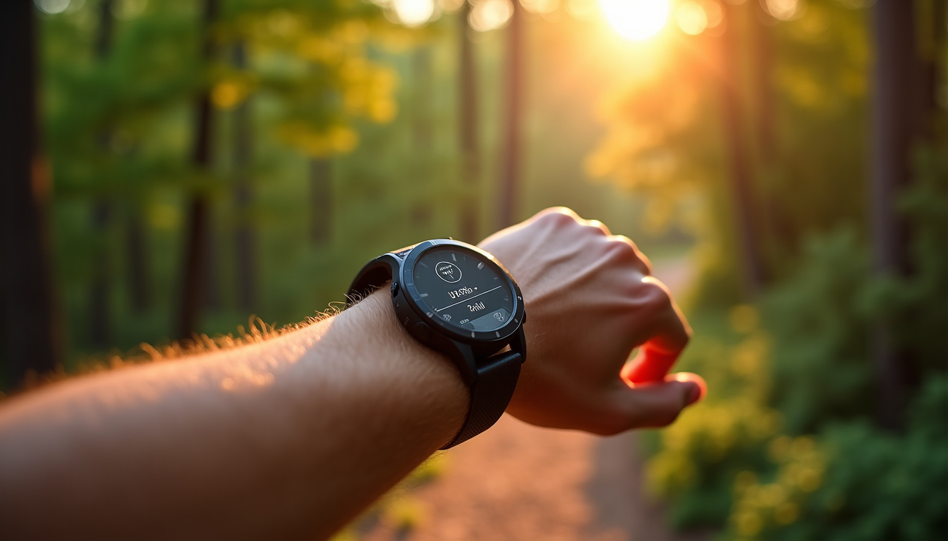 Montre GPS Garmin Forerunner 265 portée au poignet d’un coureur pendant une sortie en endurance fondamentale, avec écran affichant la fréquence cardiaque et la zone d’effort