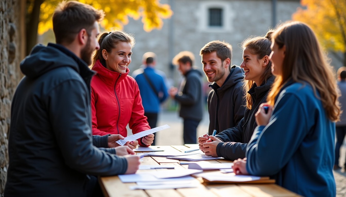 Retrait des dossards à Ambérieu-en-Bugey avec bénévoles et participants en discussion