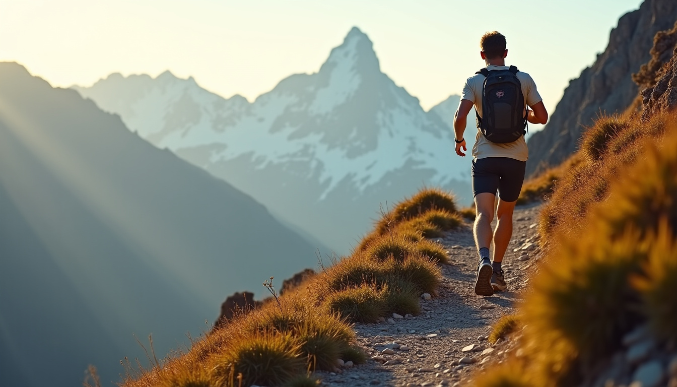 Théo Detienne en train de courir sur un sentier de montagne technique avec un paysage alpin en arrière-plan