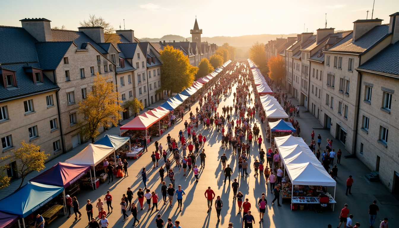 Vue aérienne du Village des courses du Brest Urban Trail, installé aux Ateliers des Capucins, avec stands, animations et foule