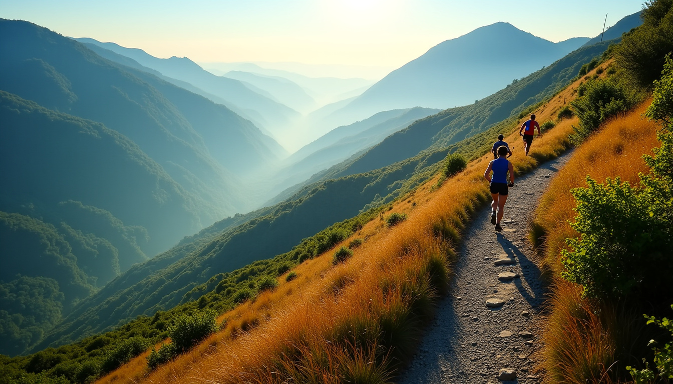Vue aérienne d’un sentier de montagne lors de l’Euskal Trail avec coureurs en action