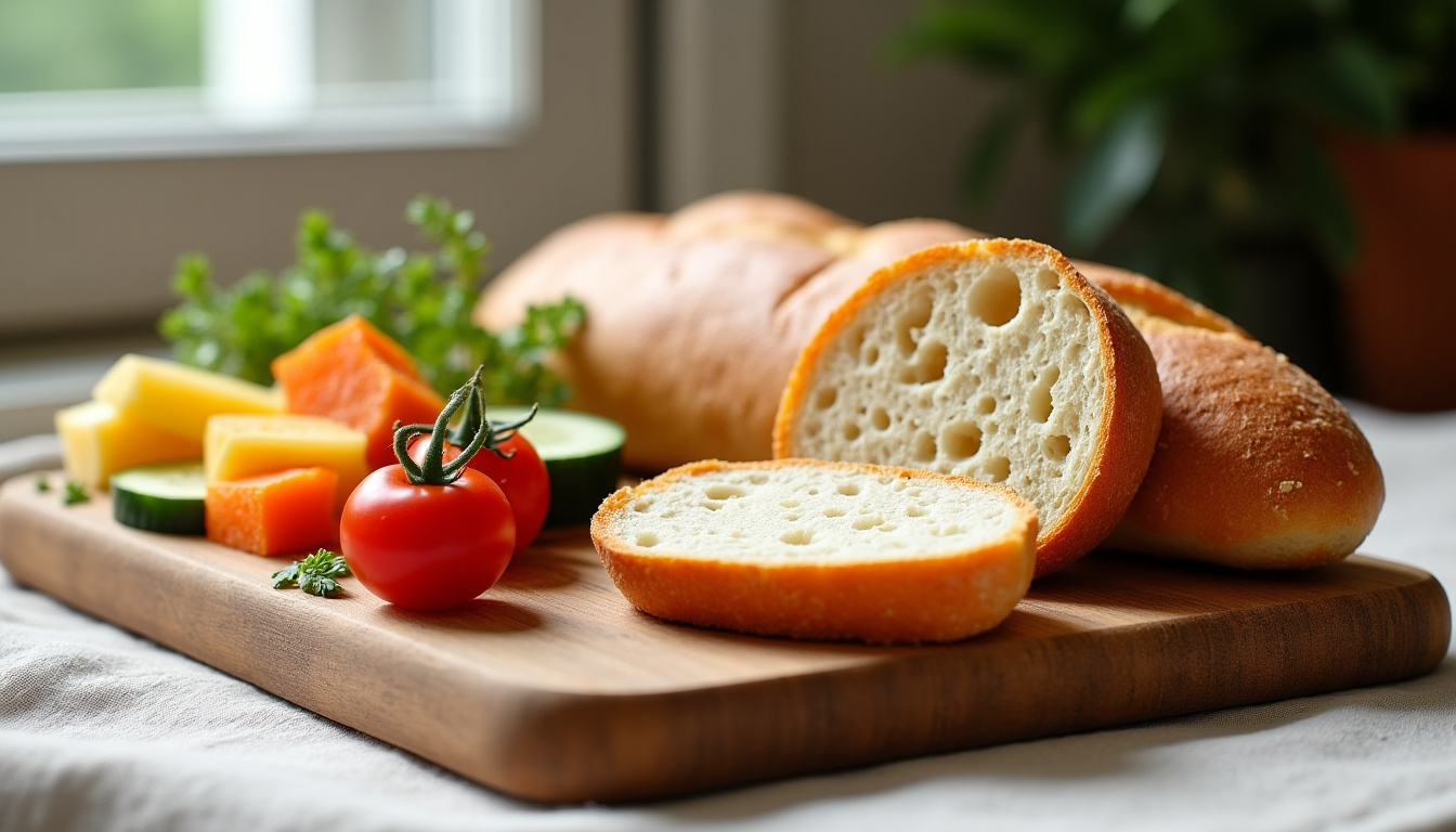 Baguette coupée en tranches accompagnée de légumes frais, fromage et œuf dur