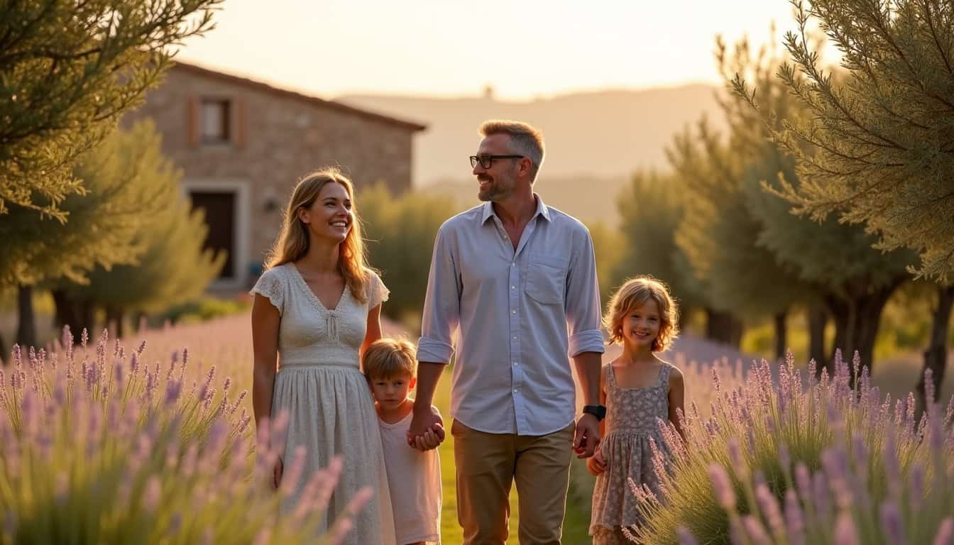 Claude Dartois entouré de sa femme et de ses deux enfants dans leur nouveau domicile en Occitanie, souriant dans un cadre naturel et verdoyant
