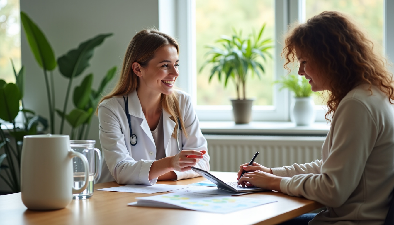 Diététicienne en consultation avec un patient, en train d’expliquer un plan nutritionnel personnalisé