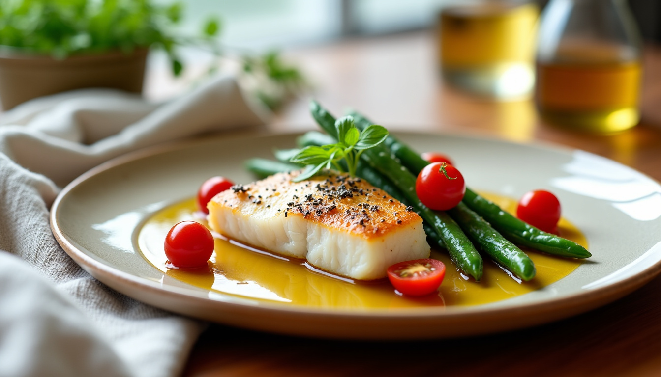 Dîner léger en chrononutrition: filet de poisson blanc, haricots verts et tomates, assaisonné d’huile d’olive