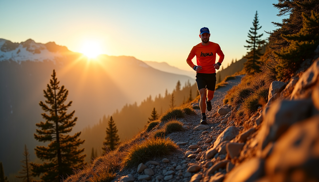 Jim Walmsley en pleine course en montagne, vêtu du maillot Hoka, foulant un sentier escarpé