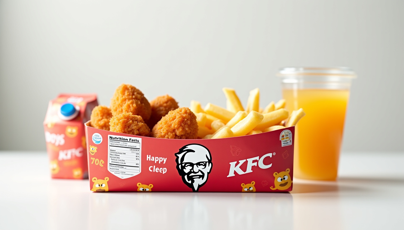 Menu junior KFC composé de nuggets, frites mini et jus de pomme dans un emballage enfant
