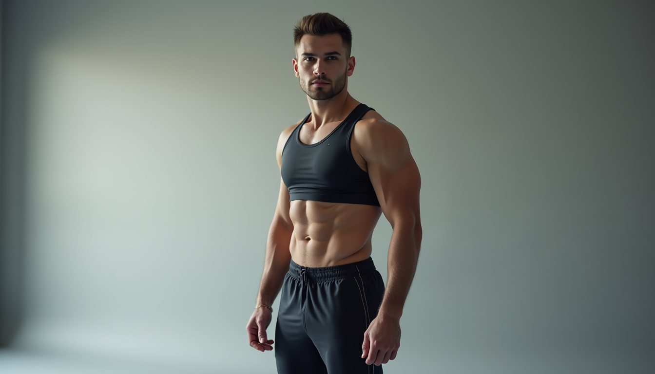 Portrait de Tibo Inshape en tenue de sport, regard déterminé, dans un cadre studio professionnel