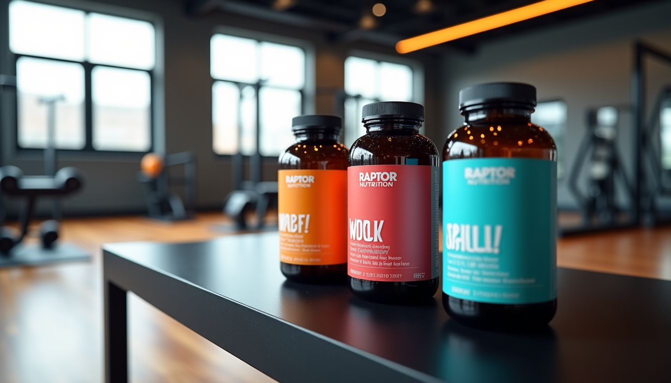 Produits Raptor Nutrition WORK!, PLAY! et CHILL! alignés sur une table avec fond de salle de sport