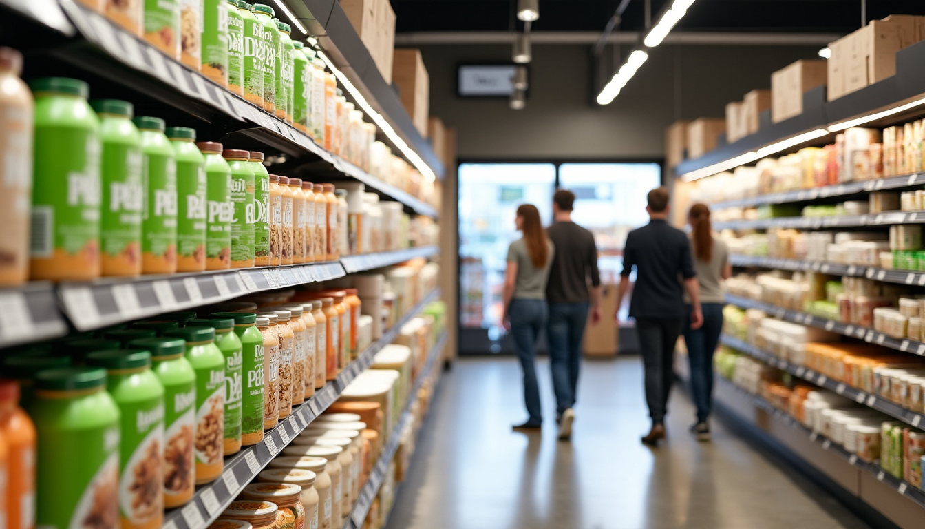 Rayons de supermarché réorganisés avec une majorité de produits végétaux et alternatives aux protéines animales