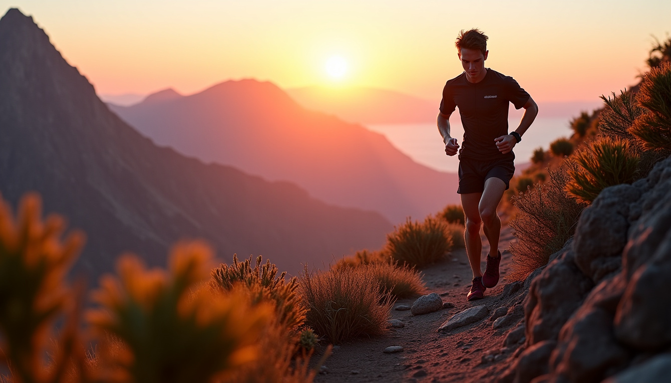 Baptiste Chassagne en pleine course lors de la Diagonale des Fous, sur un sentier montagneux avec un paysage spectaculaire en arrière-plan