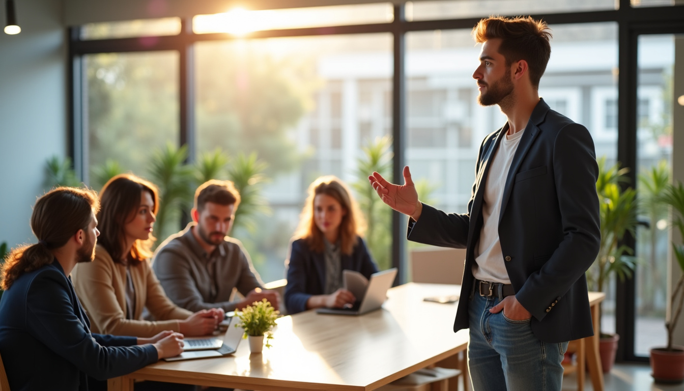 Baptiste Chassagne en réunion de travail, présentant un projet pour son agence 40 BPM dans un espace de coworking moderne
