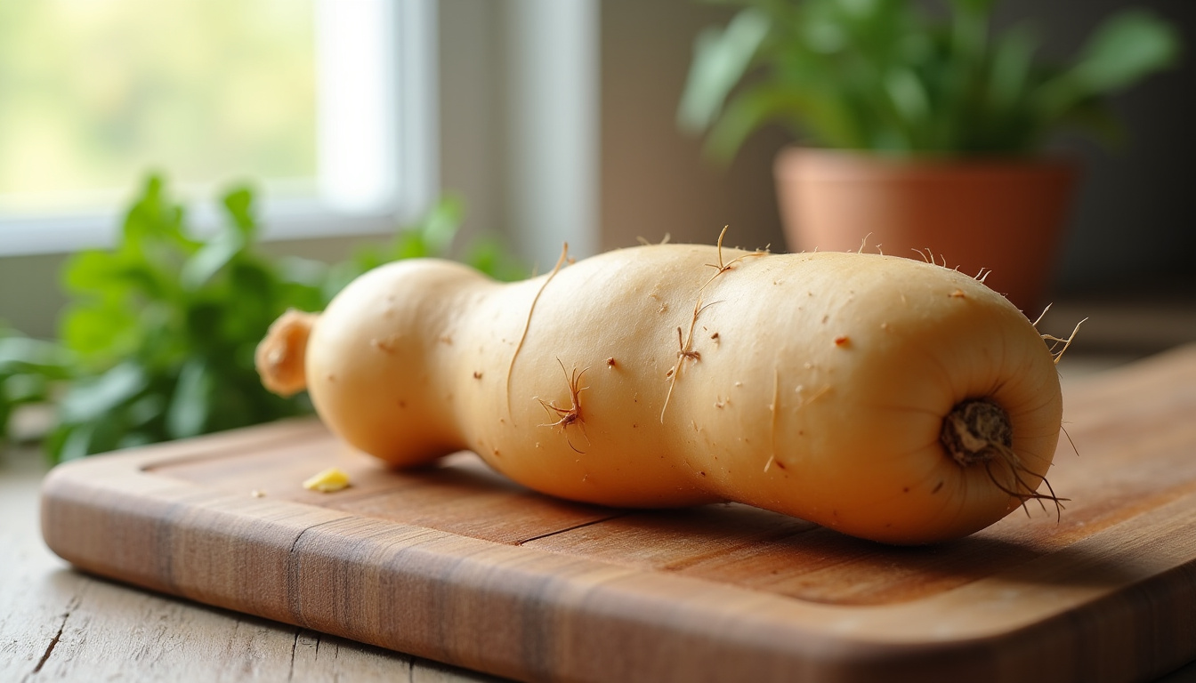 Igname fraîche, tubercule non pelé posé sur une planche en bois