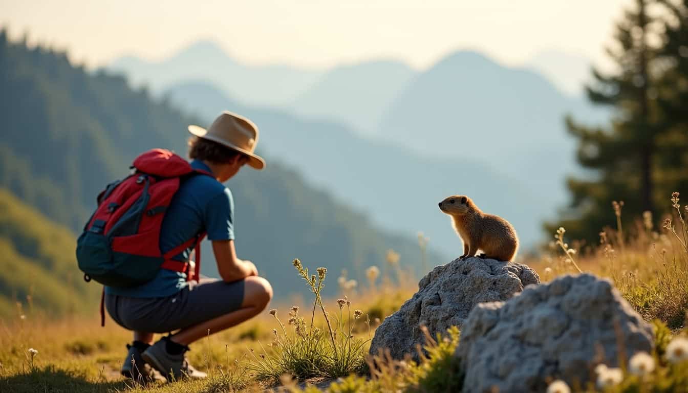 Randonneur respectueux de la faune observant une marmotte à distance