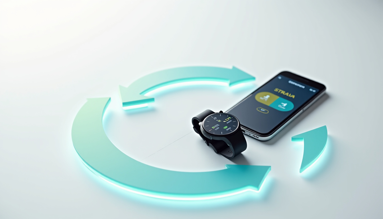 Représentation des données sportives avec des flèches circulant entre une montre Garmin et une application Strava, illustrant la synchronisation